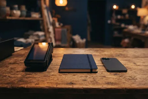 Terminal de cobro, libreta y móvil alineados sobre un mostrador
